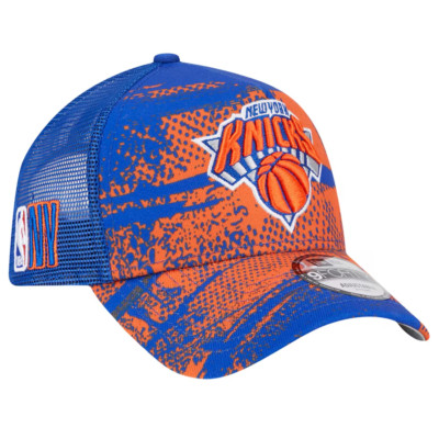 New York Knicks New Era Tip Off A-Frame Trucker 9FORTY Adjustable Hat - Blue/Ora