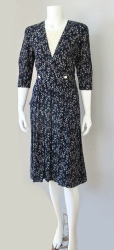 Vintage 80s Secretary Grunge Peri Petites Navy Lace Calico Prairie Dress S