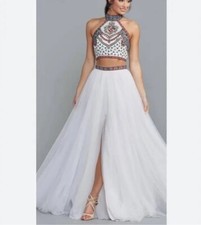 SHERRI HILL 2 Piece Halter Tulle Skirt Style 50075 White Prom Dress Size 2