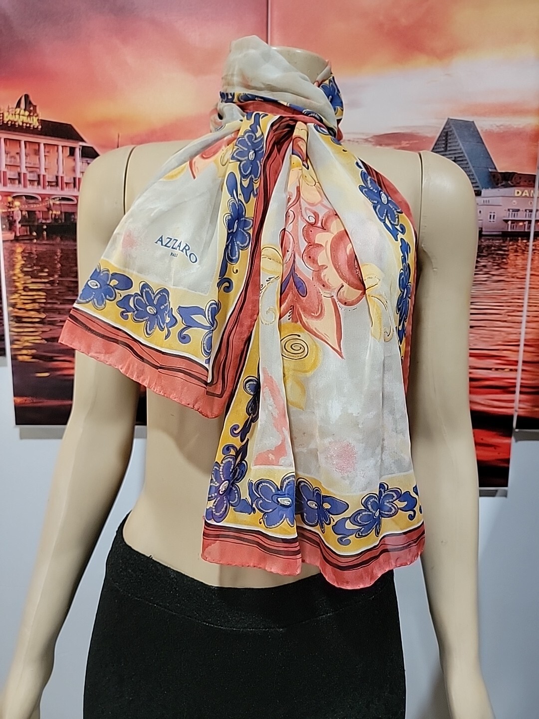 Azzaro Paris Multicolor Yellow Blue Floral 100% Silk Oblong Scarf 62" Italy #7