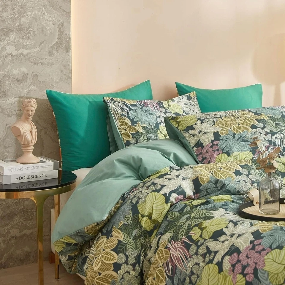 NUEVO Juego de edredón y farsa de ropa de cama boho tamaño king con estampado botánico verde antro Foto 3 de 4