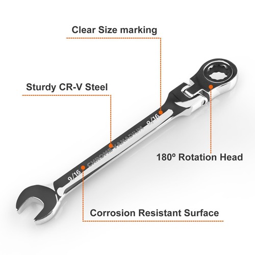 9/16" Flex-Head Ratcheting Wrench 72 Teeth SAE 12PT Gear Spanner CRV Steel - Picture 2 of 6