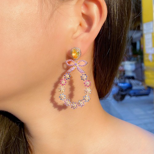 Lange Ohrhänger vergoldete Blume Cluster Damen Zirkonia Party Schmuck - Bild 2 von 9