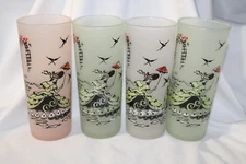 4 Vintage Frosted Glass 6.5" 14 fl. oz. Iced Tea Tumblers Victorian Lady Garden