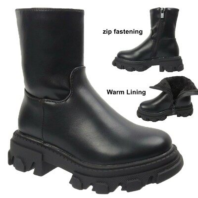 MÄDCHEN STIEFELETTEN FLACH KINDER REISSVERSCHLUSS BIKER FELL GEFÜTTERT KUNSTLEDER SCHUHE GRÖßE