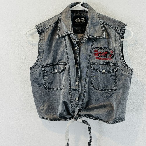 Damen-Shirt M Biker-Design Druckknopf Sturgis 2015 silberfarben kurz vorne zum Binden ärmellos