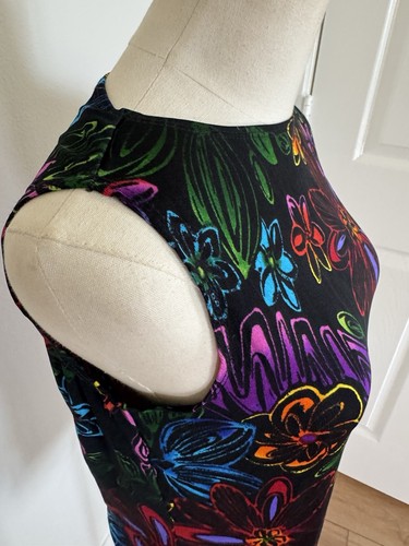 Vintage Laura Ashley Y2K 90s Stretch Floral Tank Top Black Neon Flowers Small - Picture 3 of 12