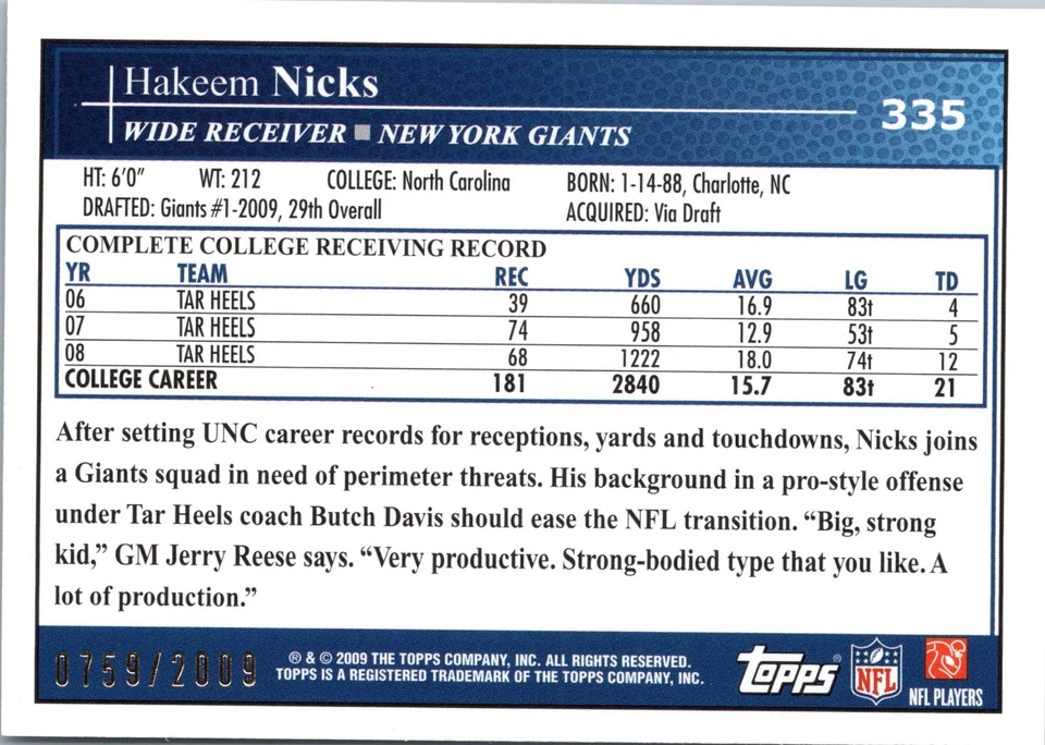 2009 Topps Hakeem Nicks RC 759/2009 Gold Border #335 New York Giants - Image 2 of 2