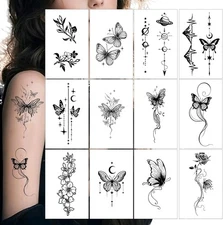 (Free Duty Tax) Black Butterfly Temporary Tattoos 12 Sheets Floral and Celes