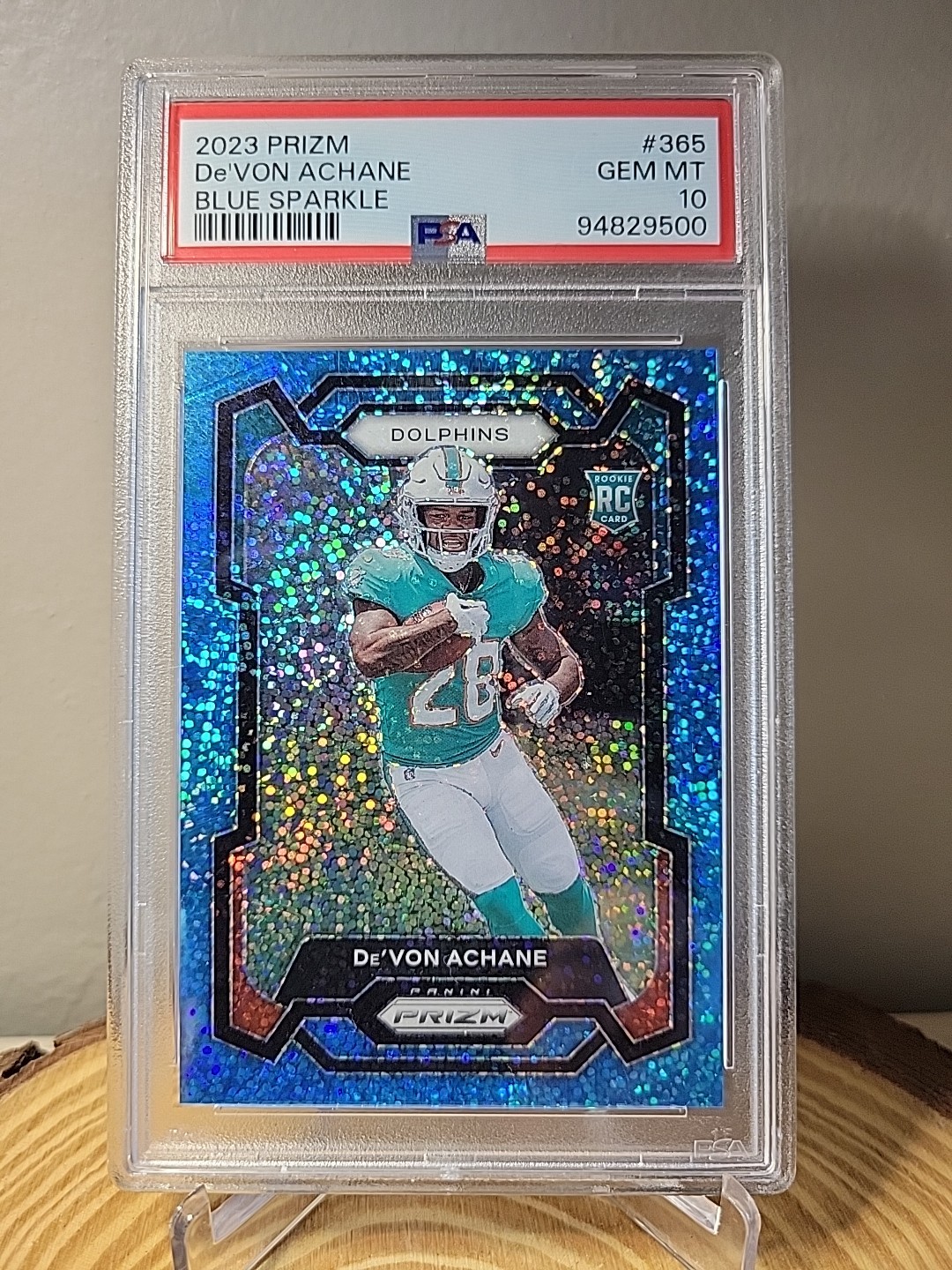 2023 Panini Prizm De'von Achane Blue Sparkle /96 Rookie #365 PSA 10