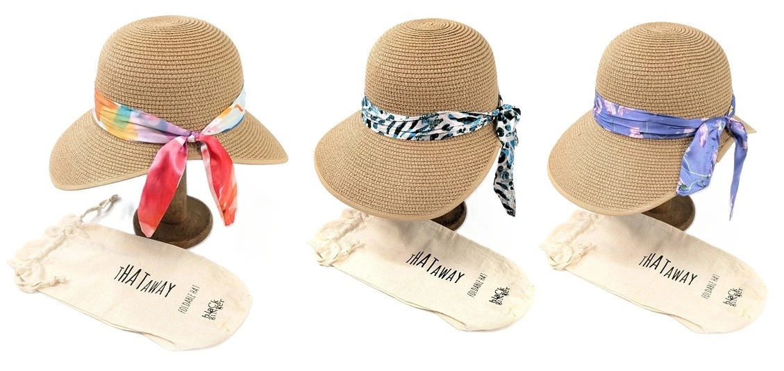 Sun Hat Open Back Black Ginger Bow Ribbon Foldable Roll Up Holiday + Travel Bag