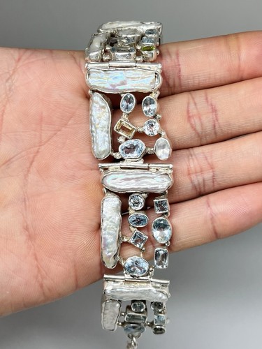 Vintage 925 Silver Cuff Bracelet Biwa Pearl Blue Topaz Peridot Quartz Boho 8.5” - Picture 12 of 14
