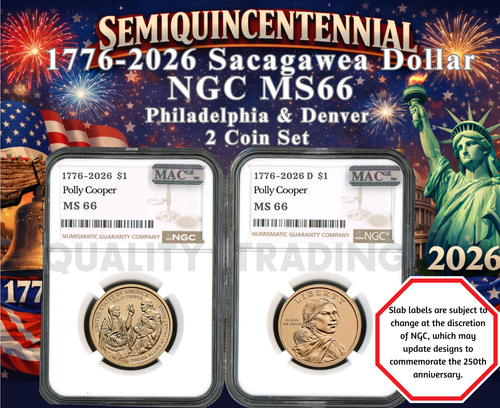2026 P D SACAGAWEA DOLLARO SEMICENTENARIO NGC MS66 SET 2 MONETE PREVENDITA MAC