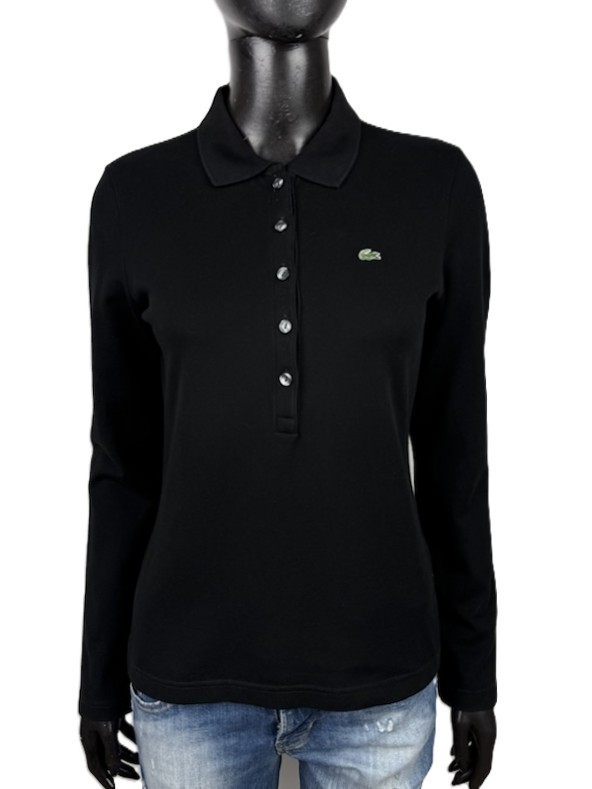 Lacoste Polo Donna 40 S Nera Cotone Manica Lunga Coccodrillo Ricamato