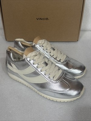 Vince Womens Oasis Runner Lace Up Fashion Sneaker  Silver Leather 7 M New