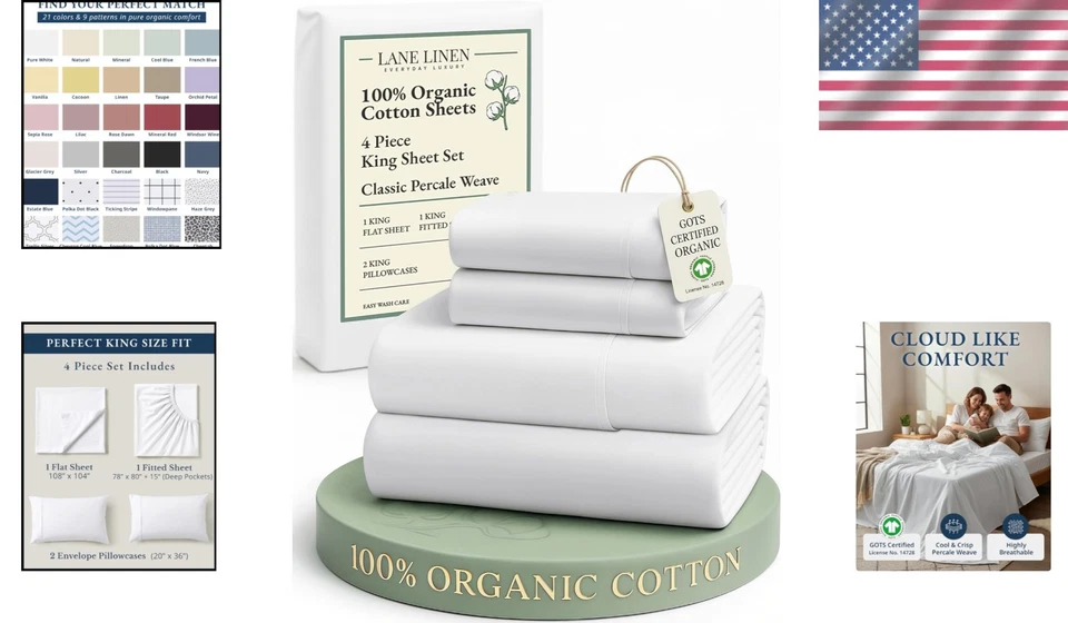 Luxury 100% Organic Cotton King Sheets Set, Hypoallergenic - Image 2 of 4