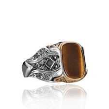 BayVog Men's Sterling Silver Ring with Tiger Eye Gemstone Cushion Cut Brown