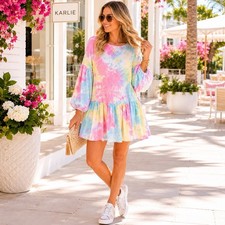 KARLIE Women's Tie Dye Pastel Balloon Sleeve Ruffle Mini Dress Tunic LARGE