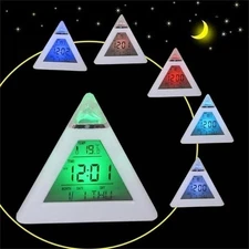 Alarm Clock Pyramid 7 Color Changing Timer Night Light Temperature Date