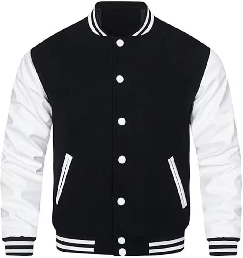 Men's Custom Black White Wool Leather Baseball Lettermen Varsity Bomber Jacket