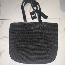 DKNY Black Woven Tote Bag, Snap Closure, Leat...