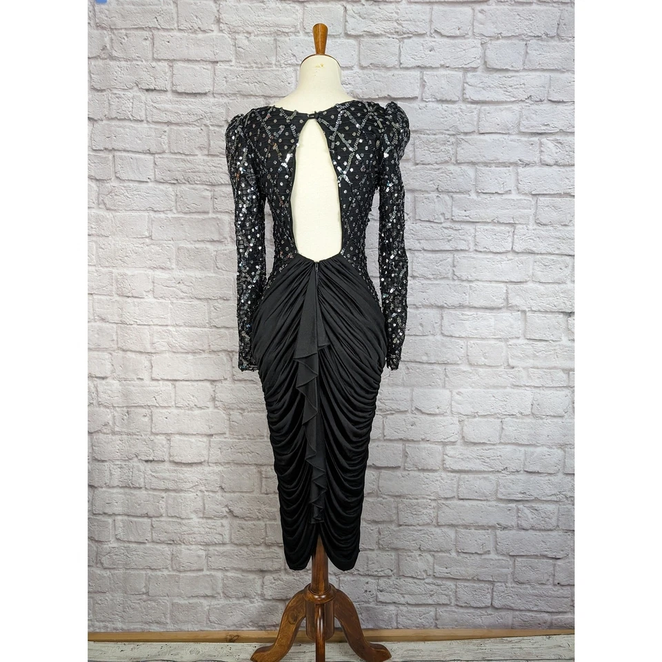 Sexy Formal de Lentejuelas de Encaje Negro De Colección Abierto Talla 7 8 Pequeño Mediano Años 80 90 Formal Foto 3 de 4