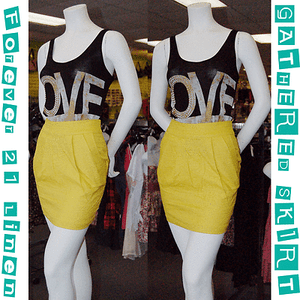 New-amp-Cute-FOREVER-21-Women-039-s-Linen-Mustard-Gathered-Skirt-w-Pockets-Size-Small