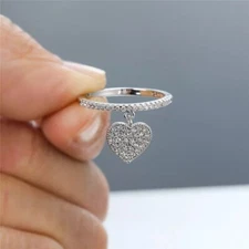 ZARD Band Ring with Dangle Heart Charm in CZ Accent in 925 Sterling Silver