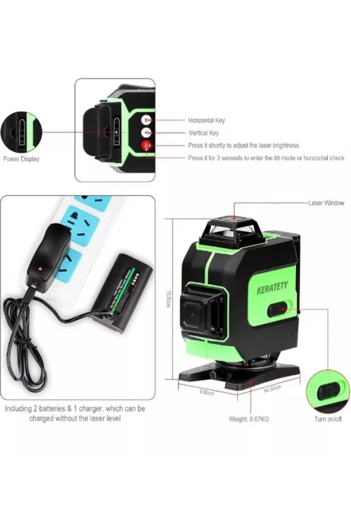 KERATETY Laser Level 4Linesx360° Self-Leveling Tool, 4D, Switchable & Auto16 NEW