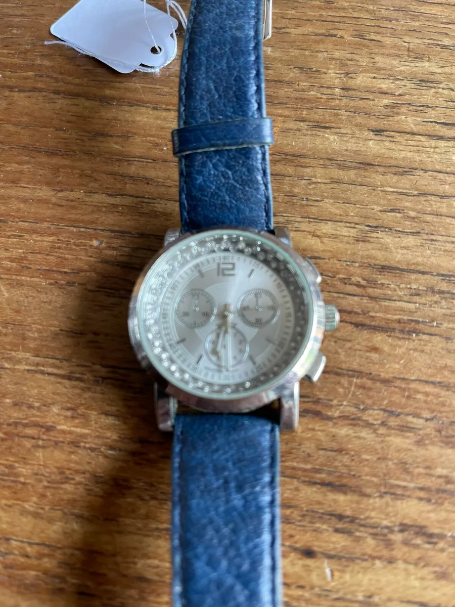 Ladies Large Dial Stone Encrusted SS Watch with Blue Straps W965