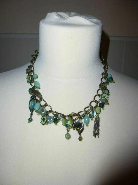 2 Teile Damen Halskette + Armband, Modeschmuck, grün-türkis mit Perlen + Steinen - Bild 3 von 4