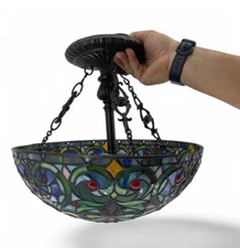 Vinatge Quoizel Tiffany style Floral  Stained Glass Ceiling Lamp Glass Shade
