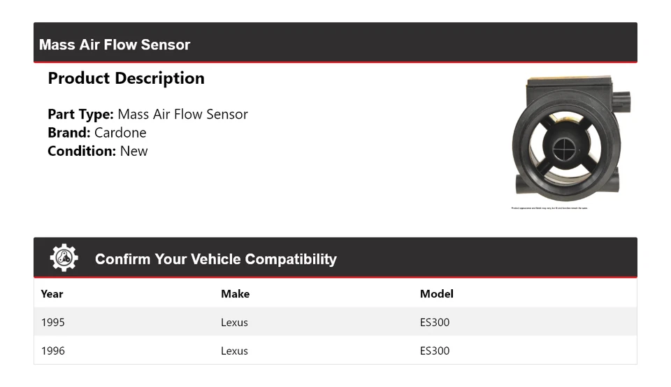 Sensor de flujo de aire másico cardone para Lexus ES300 1995-1996 Foto 2 de 4