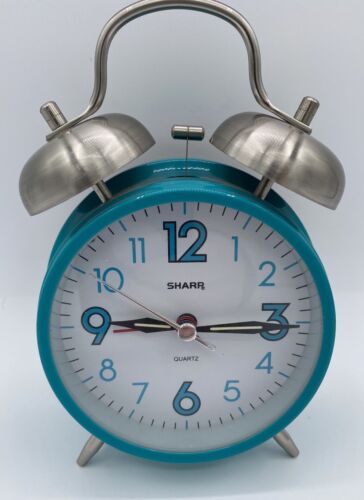 Sharp Twin Bell Analog Alarm Clock Teal Touch Activated Back Light TESTED-WORKS - Picture 1 of 8