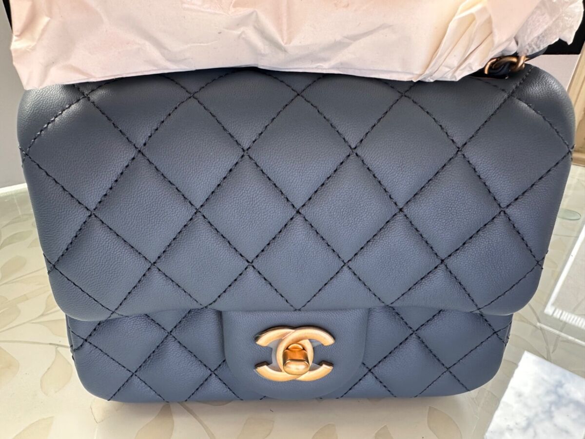 New 23K CHANEL Blue Classic Mini Flap LIM EDIT Bag PEARL CRUSH Gold  MICROCHIP