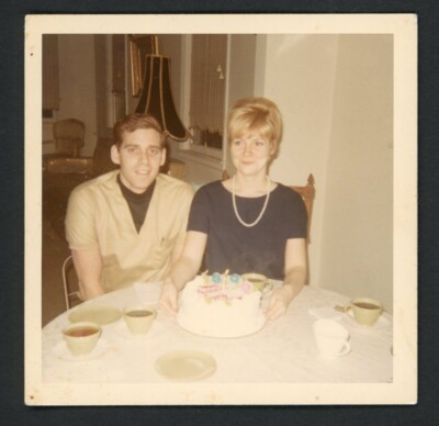 Pretty Women Bouffant Hair Cute Boyfriend with Birthday Cake 1960s Vintage Photo