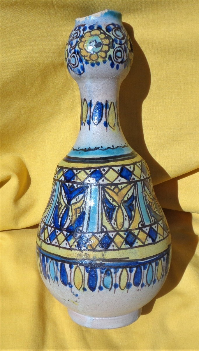 19世紀Antique Moroccan ceramic vase ANTIQUE MOROCCAN CERAMIC VASE/BOTTLE DECORATED W FLOWERS AND