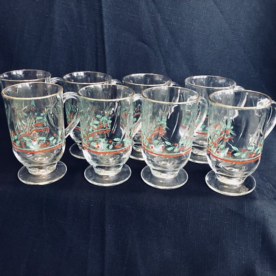 8 Vintage Arby's Libbey Glasses Holly Berry Irish Coffe Mug Gold ...