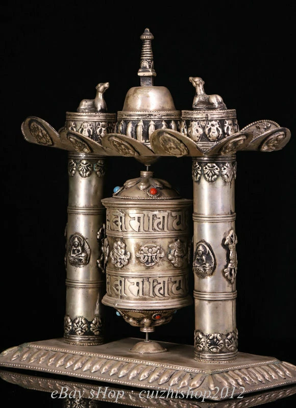 10-дюймовая старая тибетская серебряная статуэтка Будды Шакьямуни с 8 благоприятными символами молитвенное колесо - Изображение 3 из 4