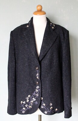 Basler Jacke Blazer winter warm schwarz Blumenstickerei Pailletten Gr. 42 XL