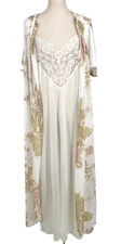 ILISE STEVENS Pegnoir Set womens L lace Nightgown floral Robe 100% nylon 2 piece