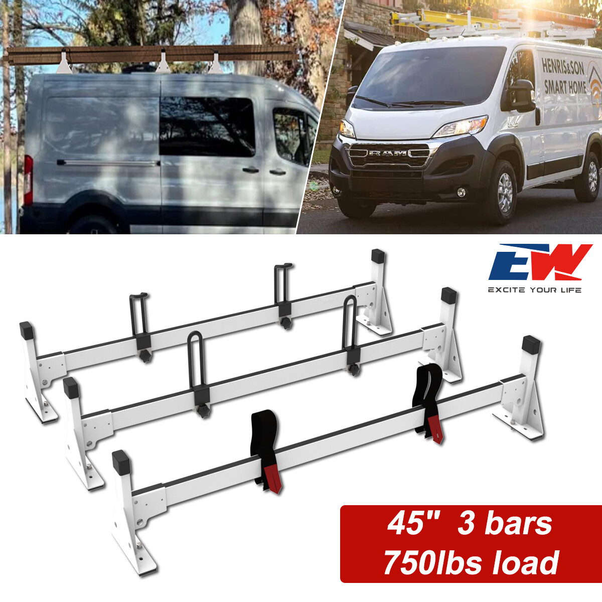 3 Bar Van Roof Ladder Rack 750lbs Load For RAM ProMaster City 2015+ White Steel