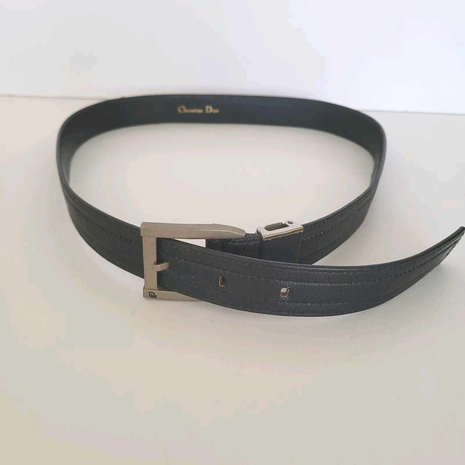 Ceinture Dior Vintage Geniue Cuir Taille 28 70 S Noir Argent Quincaillerie Slim Solide