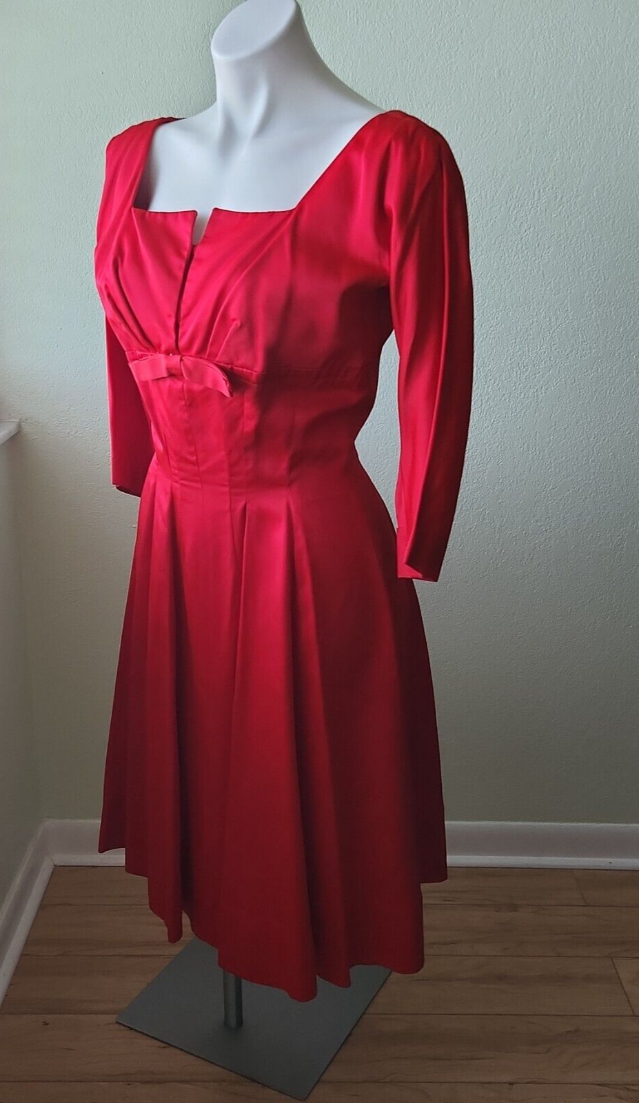 Vtg 50s/60s Red Satin Fit and Flare Dress 3/4 Sle… - image 1