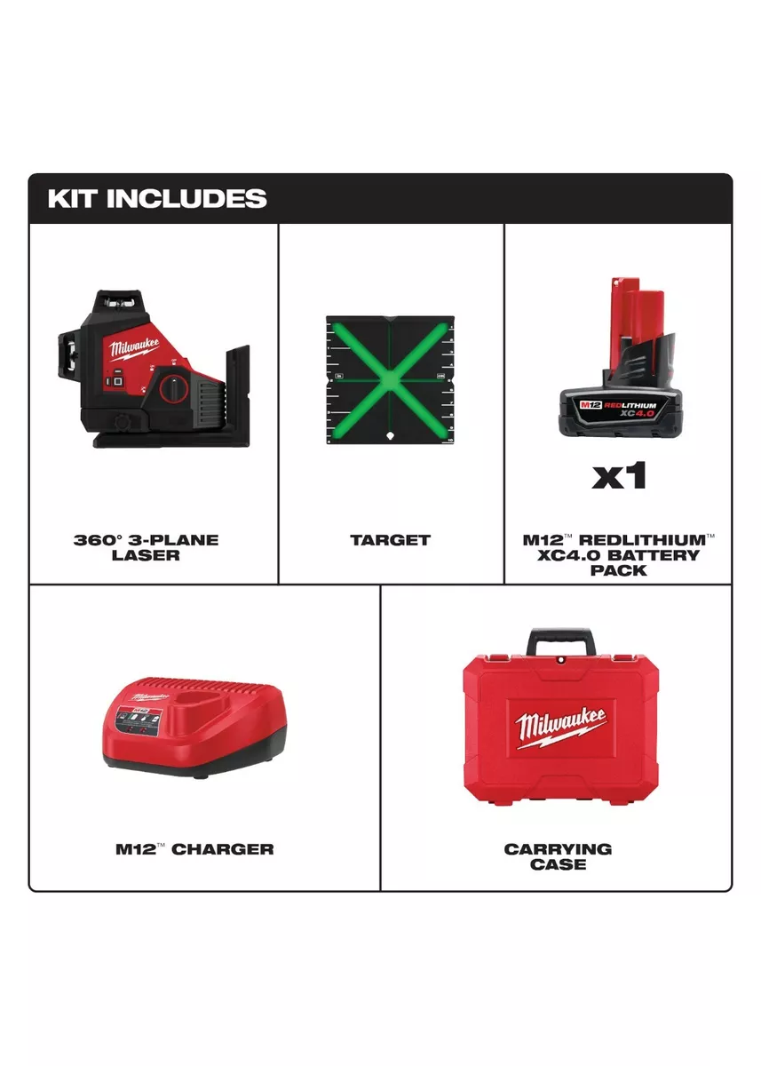 Nivel Láser de 3 Planos Láser Verde 360° M12 Con 1 Batería 4 AH(3632-21)  Milwaukee –