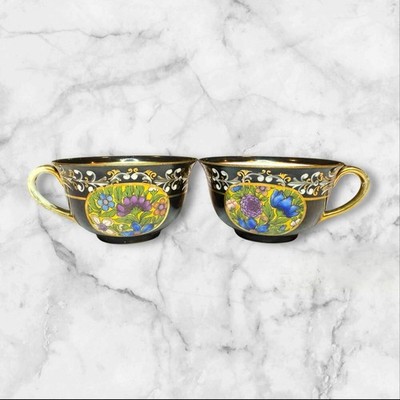 Noritake Hand-Painted Floral Teacups | Set of 2 | Japan | Vintage with Gold Trim