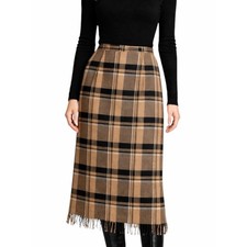 Vintage Requirements Plaid Fringe Hem Midi Pencil Skirt Wool Blend Size 14 Lined