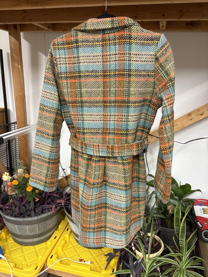 VTG 60s 70s Plaid Wool Trench Coat Belted Mod Style Mid Length Women’s Sml Med - Image 2 of 4