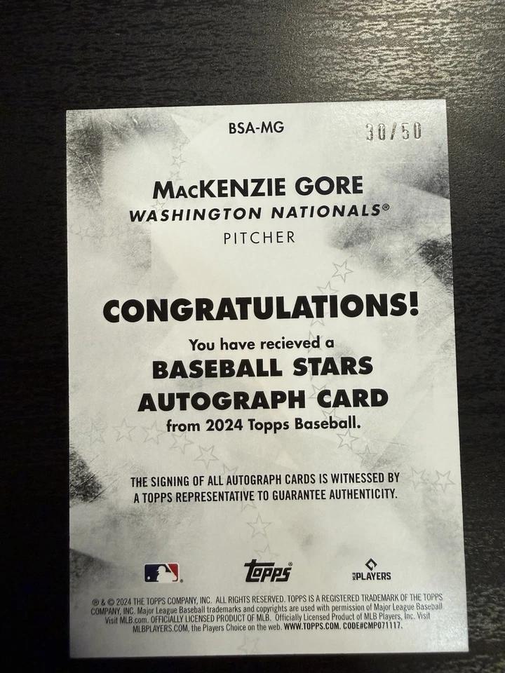 2024 Topps Series 1 - Baseball Stars Autographs Mackenzie Gore #BSA-MG (AU) - Image 2 of 3