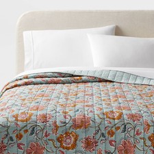 Full/Queen Earthy Vines Quilt Light Teal Blue/Mustard Yellow/Light Pink Floral